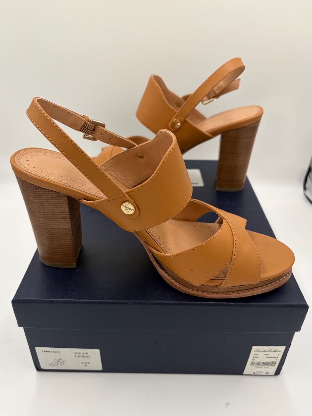 Brooks Brothers high heel sandals Tan Cognac Leather Slingback Sandals size 9